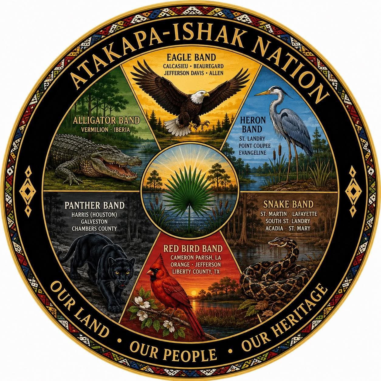 Seal of the Atakapa-Ishak Nation showing the six bands